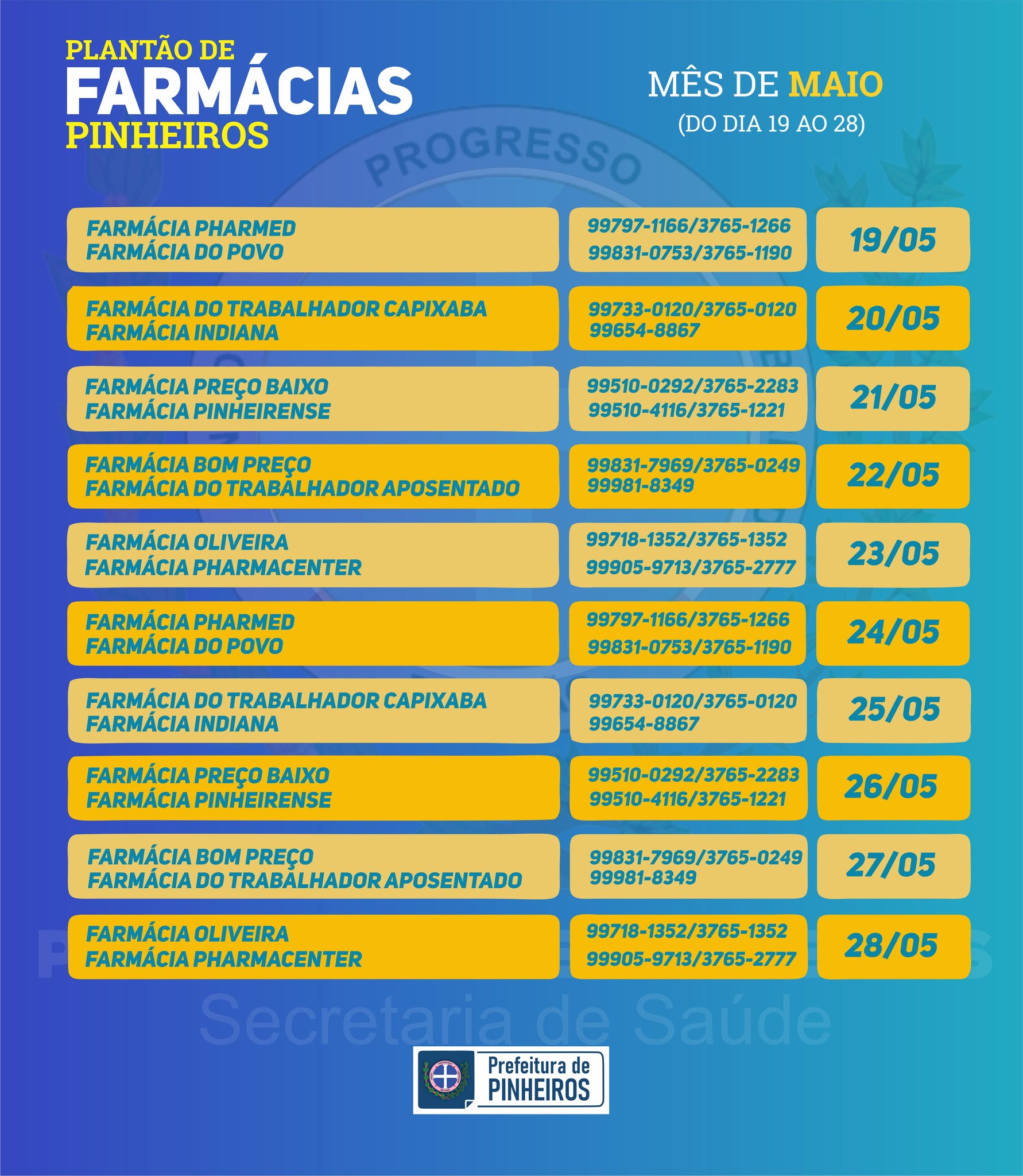 Calendário do Plantão de Farmácias do mês de MAIO