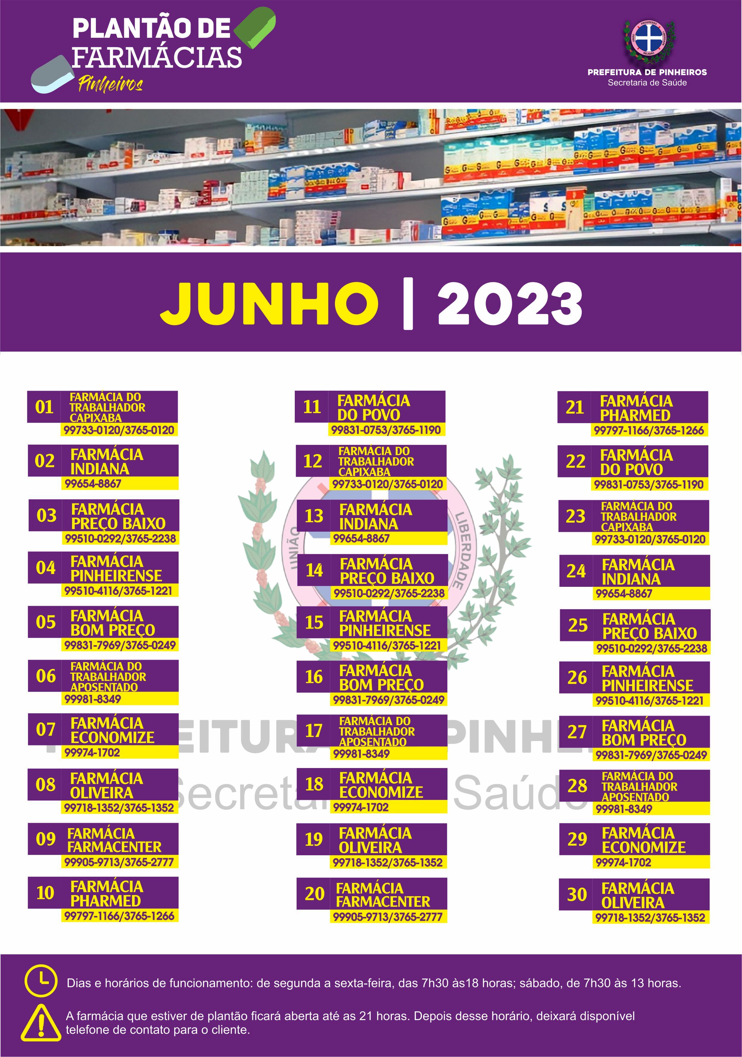 Calendário do Plantão de Farmácias do mês de junho