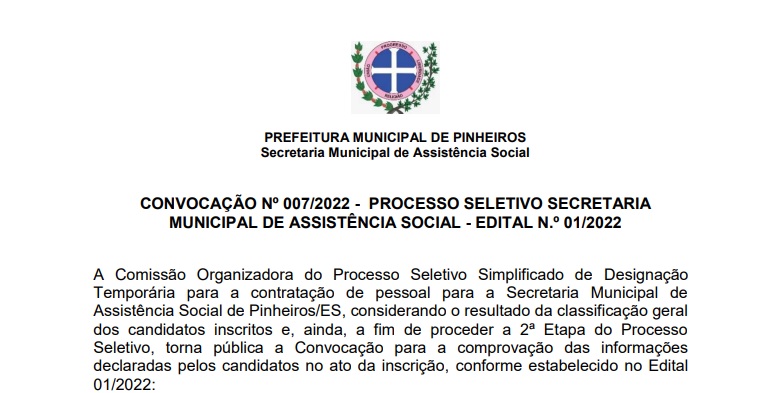 CONVOCAÇÃO Nº 007/2022 - PROCESSO SELETIVO SECRETARIA MUNICIPAL DE ASSISTÊNCIA SOCIAL - EDITAL N.º 01/2022 
