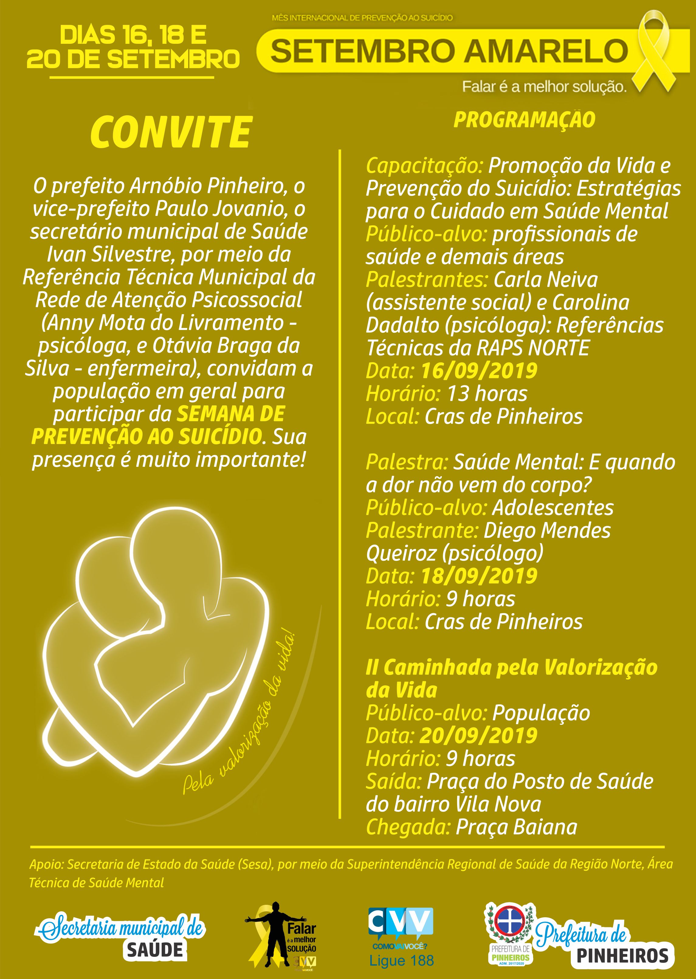 Setembro Amarelo: Pinheiros terá programação especial para Semana Municipal de Prevenção ao Suicídio